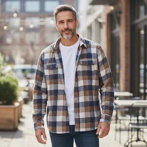 RedHead Brand Flannel Shirt Men's Plaid Brown Blue Long Sleeve 100 % Cotton 2XL